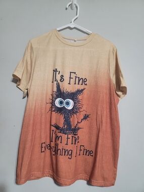 Womens 1X Orange Top T-shirt Crazy Black Cat It's Fine Everything's Fine Stretch